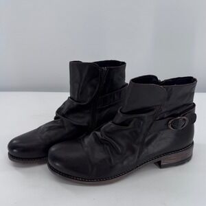 Dark Brown Leather Ruched Ankle Boots Side Zip Buckle Detail Women Size 7